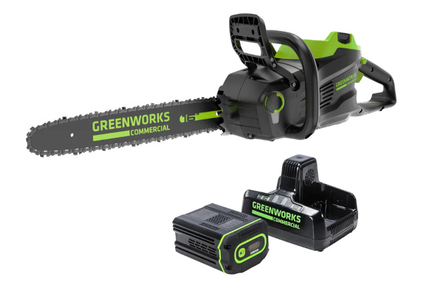 Greenworks | Chainsaws | Model 82V 16" 2.4kW Chainsaw with 4Ah Battery and Dual Port Charger (82CS24-4DP) for sale at King Ranch Ag & Turf