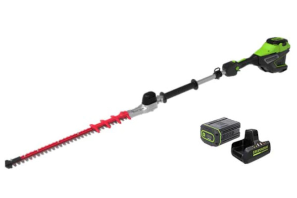 Greenworks | Hedge Trimmers | Model Optimus 82V Short Pole Fixed Hedge Trimmer with (1) 2.5 Ah Battery and Dual-Port Charger (PH302F-25DP) for sale at King Ranch Ag & Turf