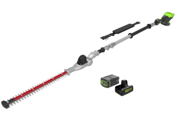 Greenworks | Hedge Trimmers | Model Optimus 82V Telescoping Hedge Trimmer with (1) 2.5 Ah Battery and Dual-Port Charger (PH662T-25DP) for sale at King Ranch Ag & Turf